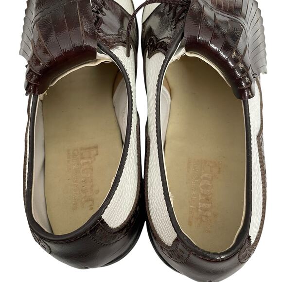 Vintage Etonic Wingtip Golf Shoes Men 11.5 D Metal Spikes Leather Brown White - Picture 7 of 11